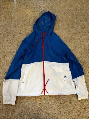 Columbia Blue, White & Red Colorblock Hooded Rain Jacket size medium